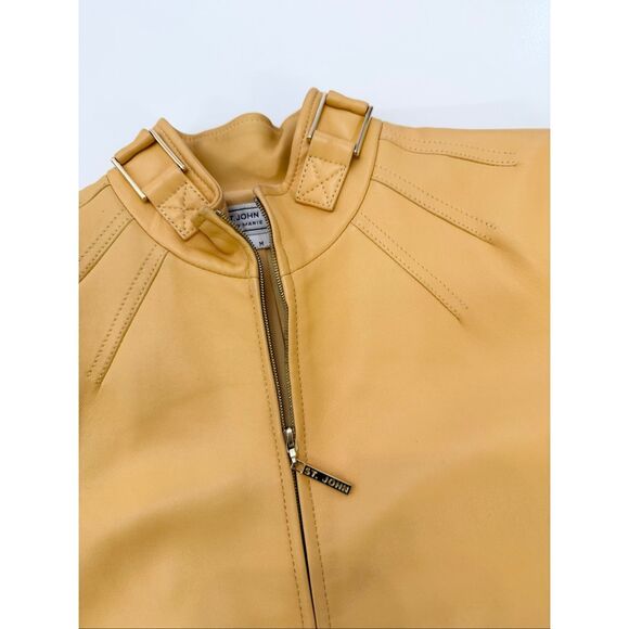 St. John Sport Marie Yellow Gold Mock Neck Full Zip Leather Jacket Size Medium - Picture 13 of 13